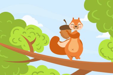 Sevimli Sincap Meşe Palamudu ile Üç Dalda Oturuyor, Sevimli Vahşi Hayvan Karakteri Yaz Arazi Vektörü Çizimi