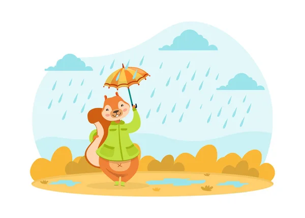 Şirin Sincap Şemsiye ile Yağmurun Altında Yürüyüşü, Sonbahar Manzarasında Sevimli Vahşi Hayvan Karakteri Çizgi Roman Vektör İllüzyonu — Stok Vektör