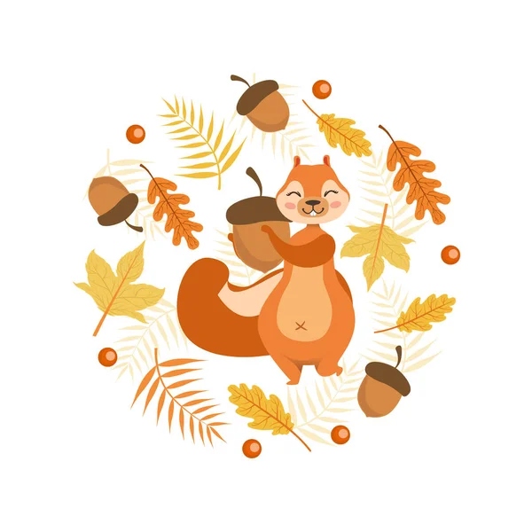 Осенние символы круглой формы, симпатичная белка с попкорном в окружении цветных листьев векторная иллюстрация — стоковый вектор
