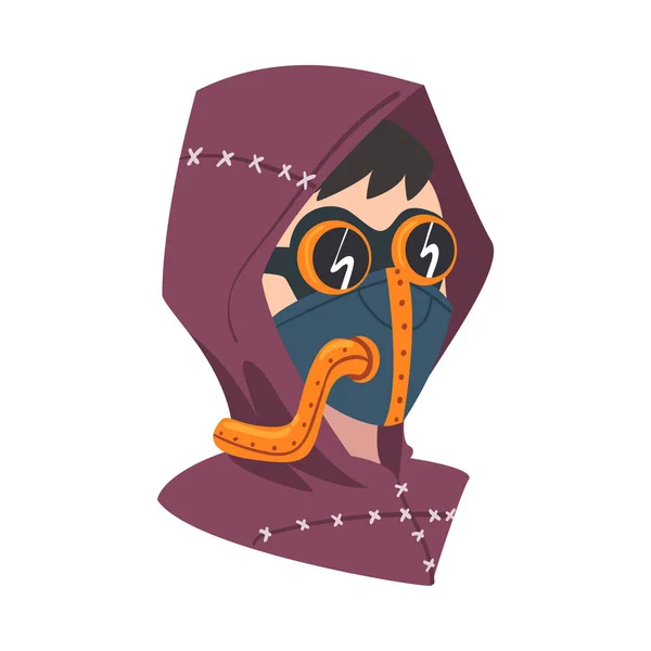 Steampunk Woman Portrait, Girl in Hood and Mask with Goggles in Stylized Cartoon style Vector Illustration — 图库矢量图片
