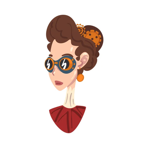 Steampunk Woman Portrait, Beautiful Lady with Retro Hairstyle and Goggles in Stylized Cartoon Style Vector Illustration — Stock Vector