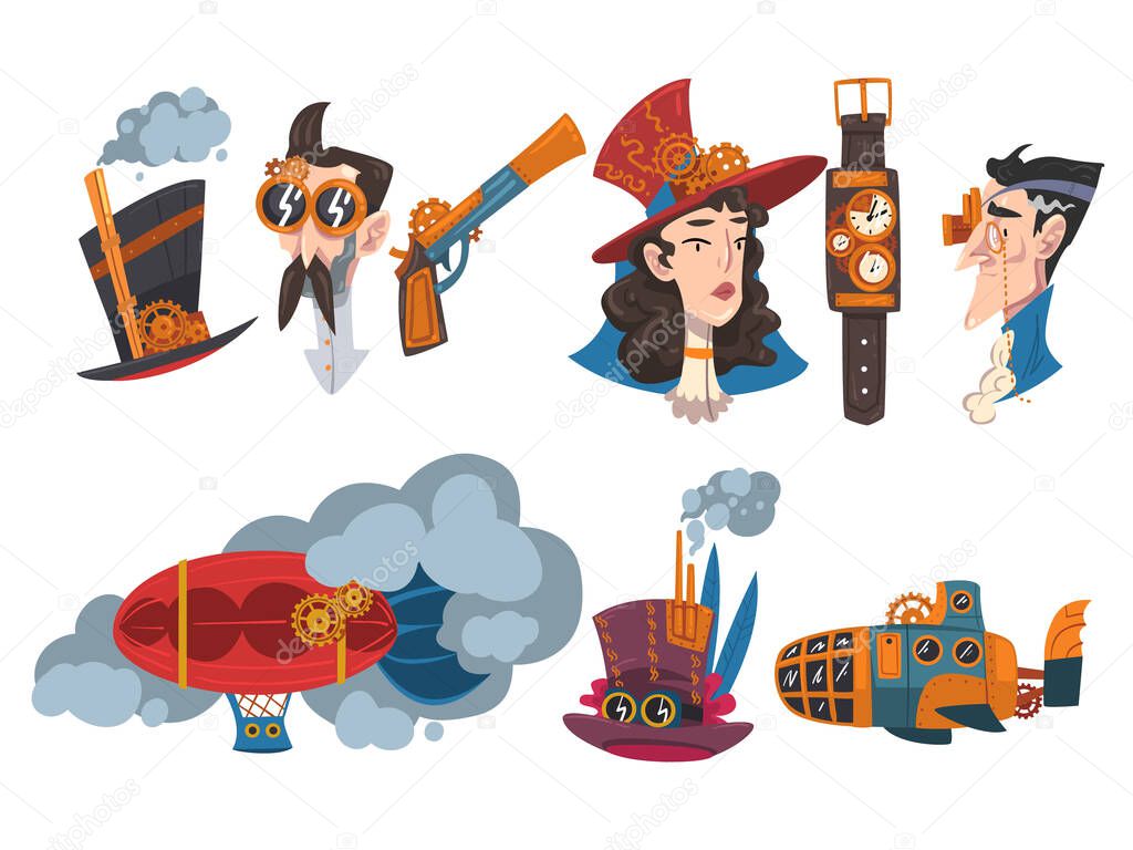 Steampunk Design Elements Set, Mechanical Engineering Devices and People, Antique Mechanical Device or Mechanism, Stylized Cartoon Style Vector Illustration