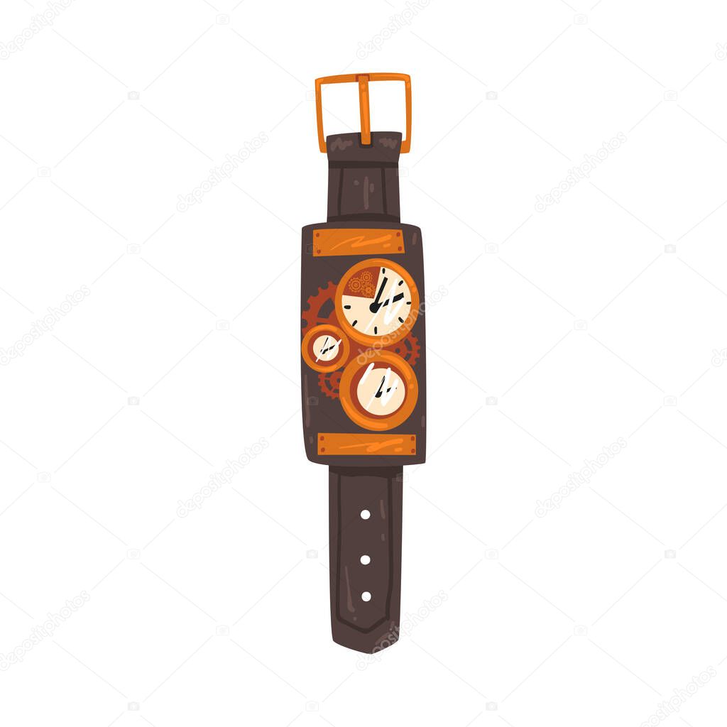 Steampunk Mechanical Wrist Watch, Antique Mechanical Device or Mechanism, Stylized Cartoon Style Vector Illustration