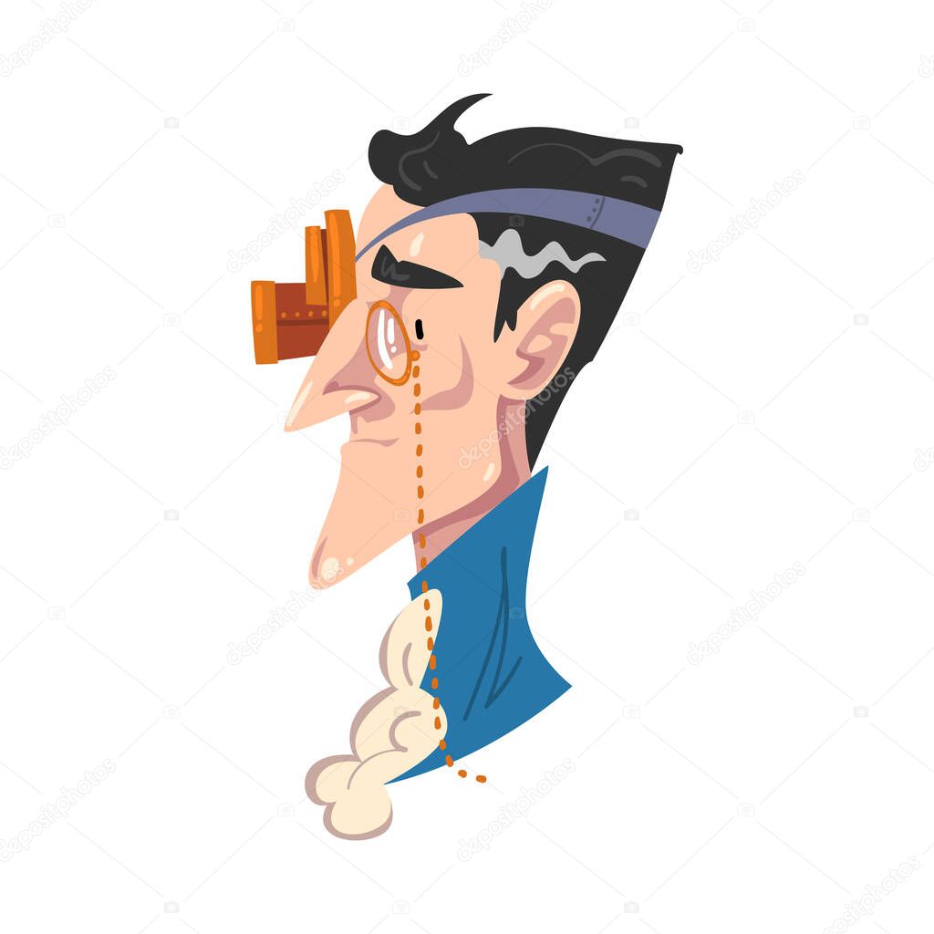 Steampunk Man Portrait, Side View od Gentleman Face with Monocle in Stylized Cartoon Style Vector Illustration