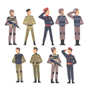 Askeri İnsanlar Ayarlandı, Ordu Askerleri Karakterleri Çeşitli Dövüş Üniforması Giyindiler Çizgi Film Biçimi Vektör Resimleri