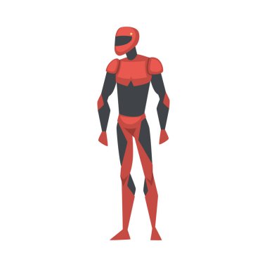 Kırmızı Kostümlü Robotik Adam, Cyborg veya Süper Kahraman Karakteri, Karnaval Partisi, Maskeli Balo veya Çevrimiçi Oyun Elemanı Çizgi Film Stili Vektör İlülasyonu