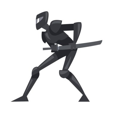 Robotik Kadın, Ninja Karakteri, Karnaval Partisi, Maskeli Balo veya Çevrimiçi Oyun Tasarım Elemanı Çizgi Film Stili Vektör İlülasyonu