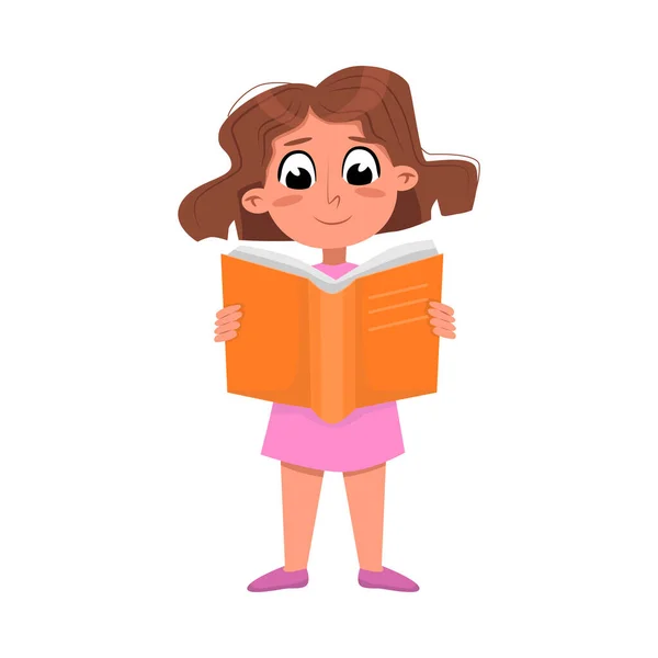 Lovely Girl Reading Book while Standing, Prechooler Kid or Elementary School Student Απολαμβάνοντας Λογοτεχνία Cartoon Style Διάνυσμα Εικονογράφηση — Διανυσματικό Αρχείο