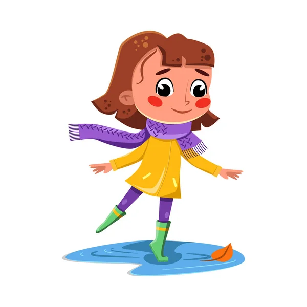 Dziewczyna skacze w kałużach w gumowych butach i żółty płaszcz kreskówki styl wektor ilustracji — Wektor stockowy