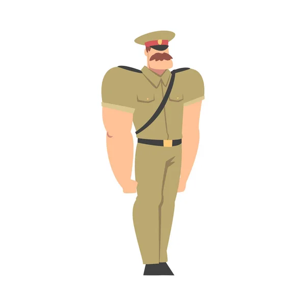 Hombre militar en uniforme caqui, personaje del soldado del ejército Dibujos animados Estilo Vector Ilustración — Vector de stock