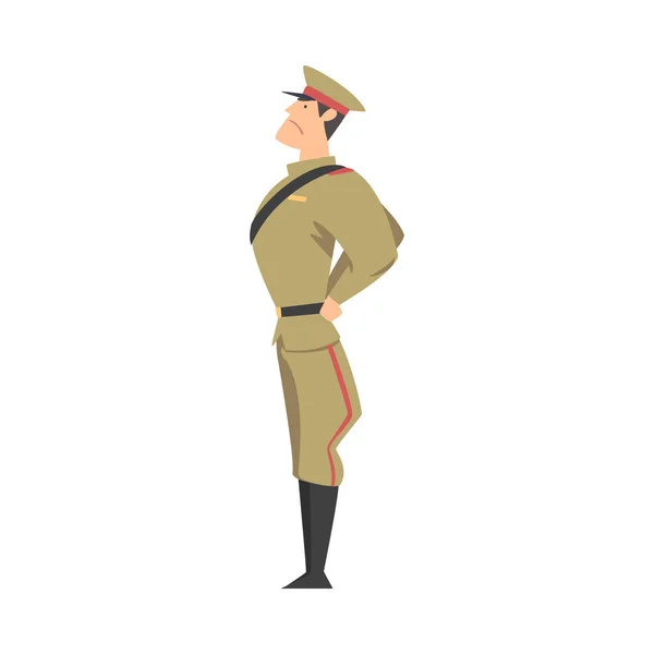 Vista laterale del soldato dell'esercito, personaggio militare in stile cartone animato uniforme kaki Illustrazione vettoriale — Vettoriale Stock