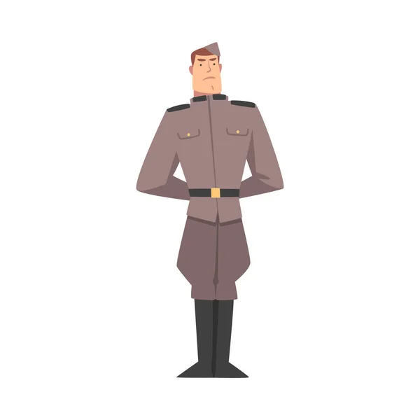 Soldado del ejército, carácter militar de infantería en uniforme gris ilustración vectorial del estilo de dibujos animados — Vector de stock