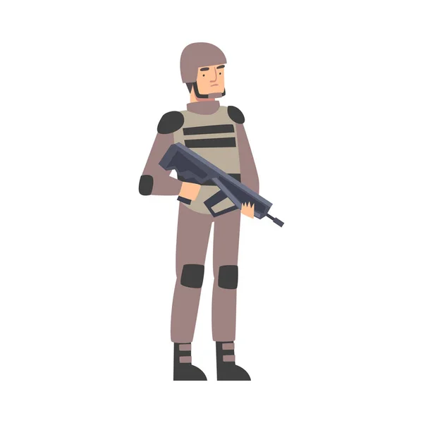 Soldado del Ejército con rifle de asalto, carácter de soldado de infantería en uniforme de combate, casco y chaleco antibalas Dibujos animados Estilo Vector Ilustración — Archivo Imágenes Vectoriales