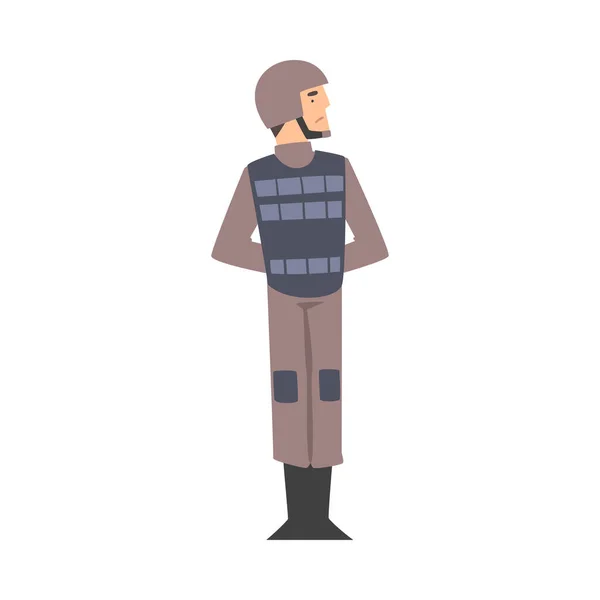 Armeesoldat, Militärangehöriger Charakter in Kampfuniform, kugelsicherer Weste und Helm im Cartoon-Stil Vector Illustration — Stockvektor