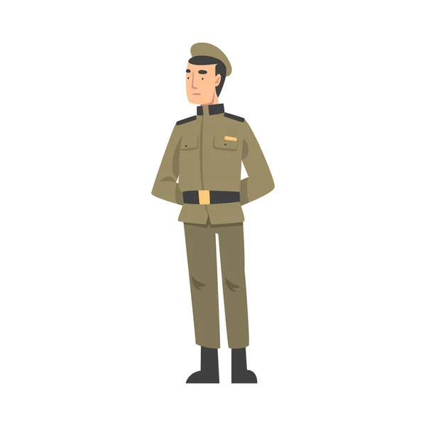 Soldado del ejército, personaje militar de infantería en uniforme caqui Dibujos animados Estilo Vector Ilustración — Vector de stock