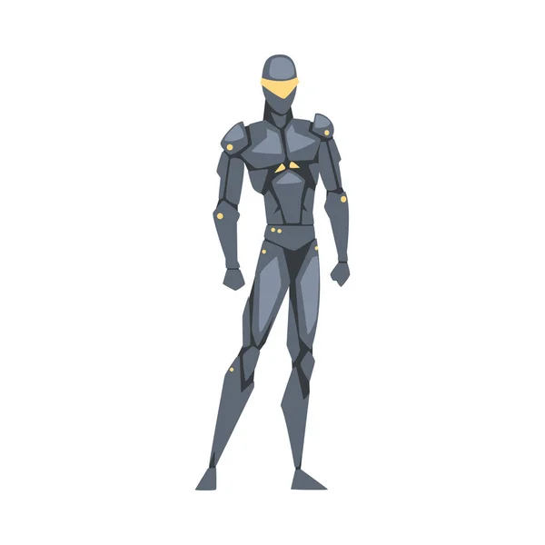 Uomo robotico, personaggio cyborg o supereroe, festa di carnevale, mascherata o elemento di progettazione di videogiochi online Illustrazione vettoriale in stile cartone animato — Vettoriale Stock