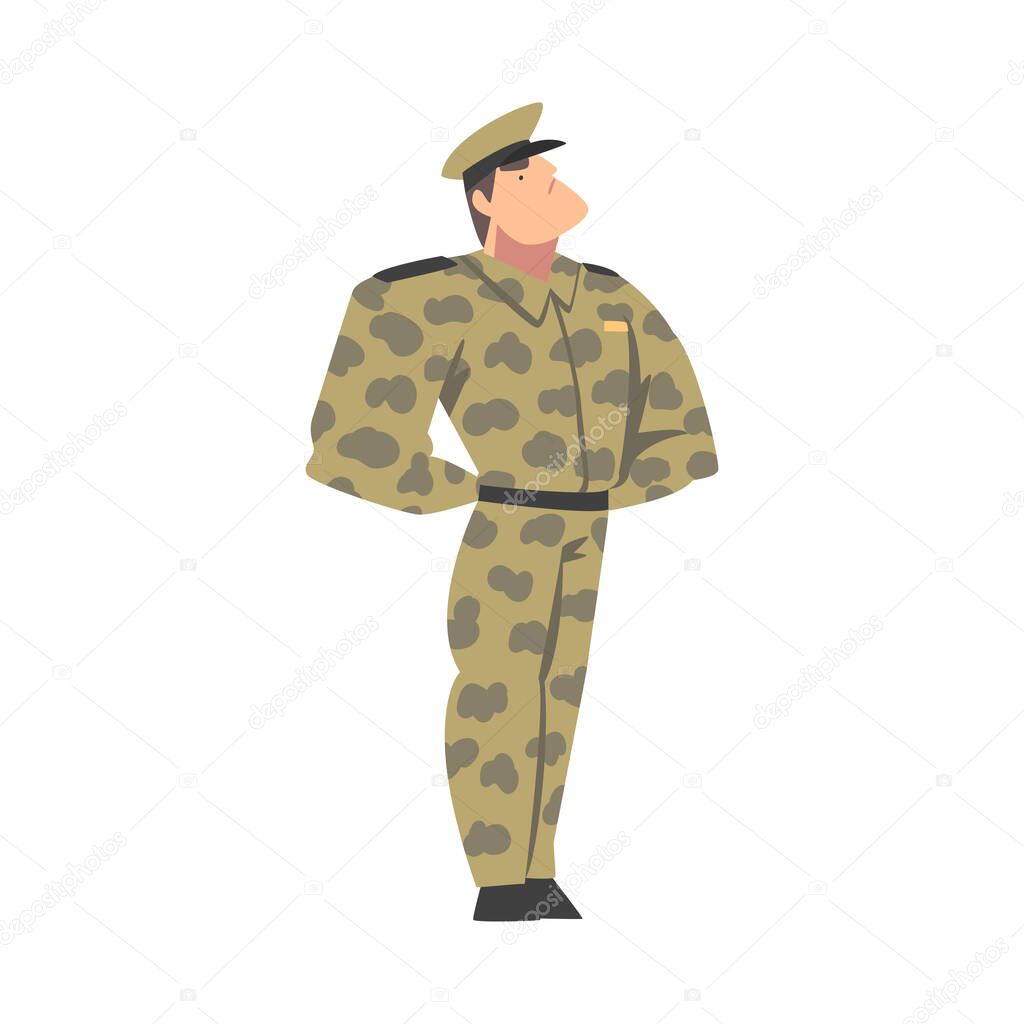 Military Man in Camouflage Uniform, Muscular Army Soldier Character Cartoon Style Vector Illustration