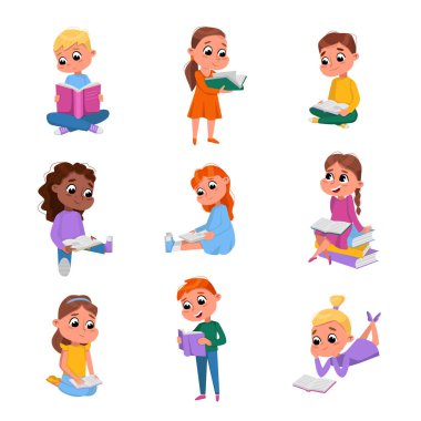 Küçük şirin çocuklar kitap seti, anaokulu erkek ve kız çocukları ya da ilkokul öğrencileri edebiyat çizgi filmi stili vektör ilülasyonunu seviyor.