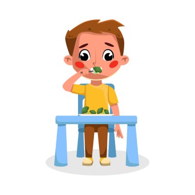 Cute Boy Eating Healthy Food, Good Kids Behavior and Habits Cartoon Style Vector Illustration clipart