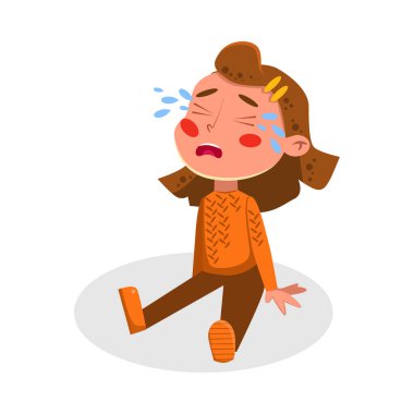 Sevimli Üzgün Kız Yerde Oturuyor ve Ağlıyor Çizgi Film Biçimi Vektör İllüzyonu