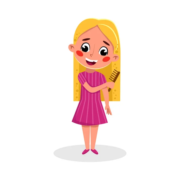 Cute blond dziewczyna szczotkowanie jej długie włosy, dobre zachowanie dzieci i nawyki kreskówki styl wektor ilustracji — Wektor stockowy