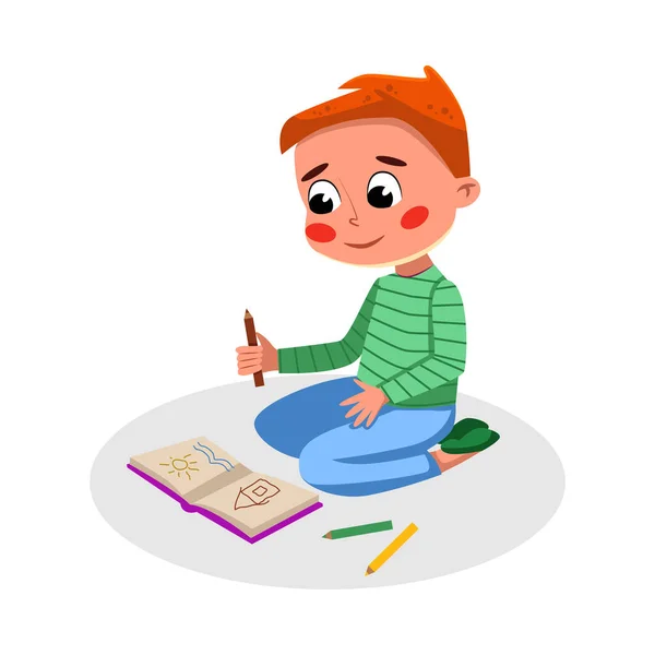 Dibujo lindo del muchacho en el cuaderno, ilustración vectorial del estilo de la historieta del buen comportamiento de los niños — Vector de stock