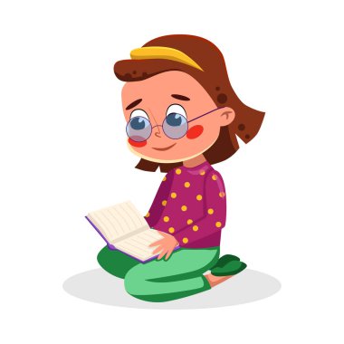 Yerde oturan ve kitap okuyan sevimli kız, çocukların iyi davranışları çizgi film stili vektör ilülasyonu.