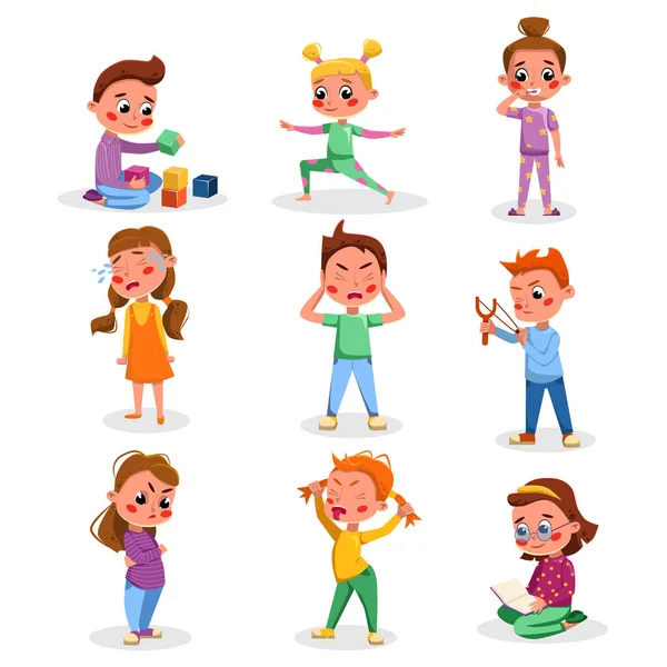 Verhalten und Gewohnheiten von schlechten und guten Kindern, Nette Kinder in verschiedenen Situationen Cartoon Style Vector Illustration — Stockvektor