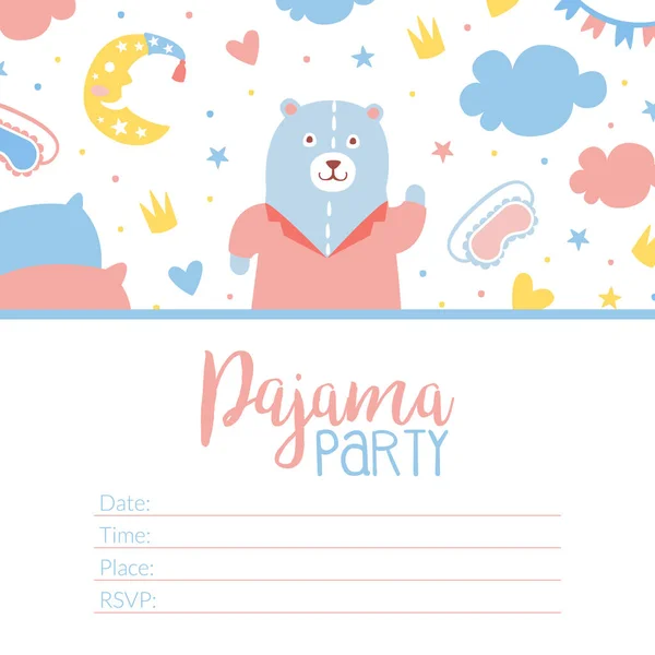 Modelo de cartão de convite de festa de pijama, Pijama infantil durante a noite Sleepover Card Cartoon Vector Ilustração — Vetor de Stock