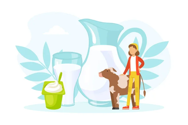 Tiny Woman Farmer and Cow standing on Background of Natural Eco Dairy Products, Agricultural Industry, Healthy Food Production Vector Illustration — 스톡 벡터