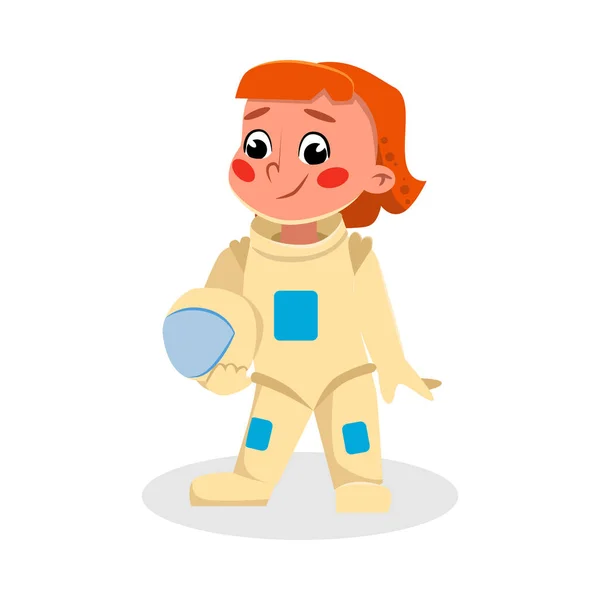 Dívka astronaut postava v kosmickém obleku stojící s helmou v rukou, děti Hobby nebo budoucí povolání koncepce karikatura styl vektorové ilustrace — Stockový vektor