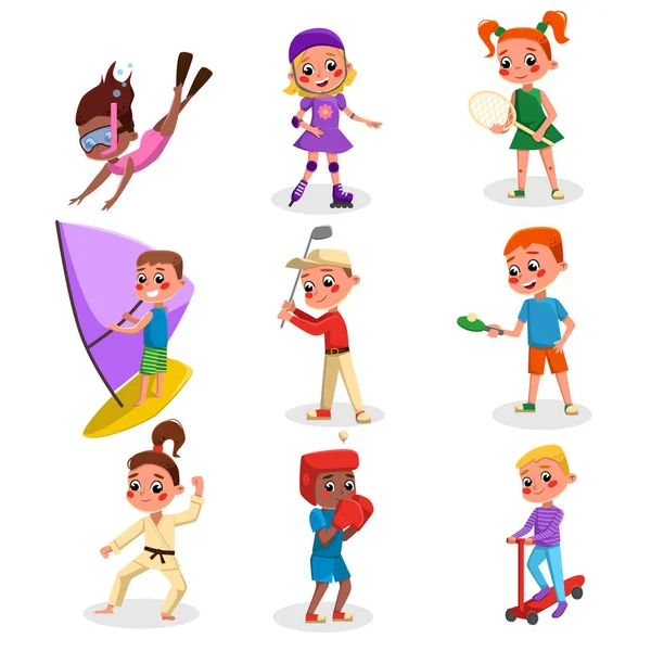 Enfants mignons faisant divers types de jeu de sport, Garçons et filles pratiquant la plongée sous-marine, patinage, arts martiaux, planche à voile, jeu de tennis, illustration vectorielle de style dessin animé de golf — Image vectorielle