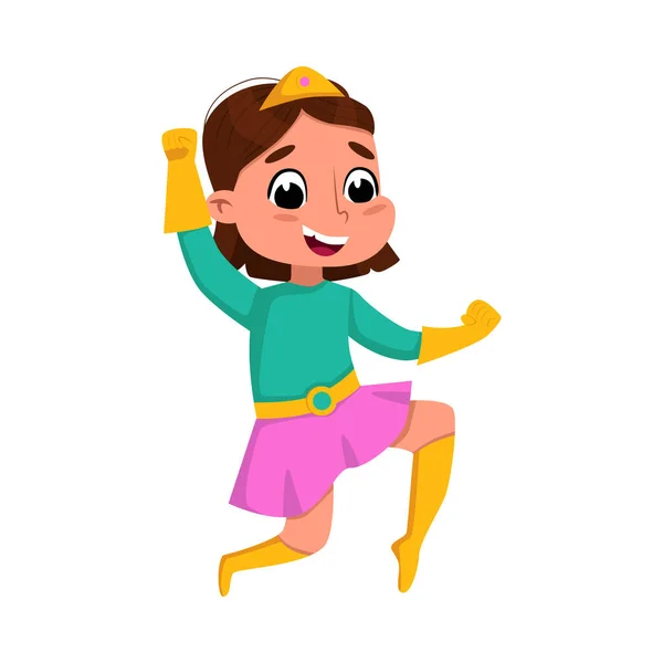 Cute Brunette Girl Playing Superhero Wearing Colorful Costume, Adorable Kid Superhero Character Cartoon Style Vector Illustration — Stock Vector