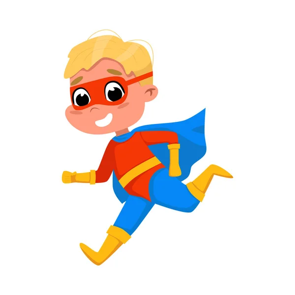 Cute Boy Running Wearing Superhero Costume and Cape, Adorable Smiling Kid Superhero Character Cartoon Style Vector Illustration — Stock Vector