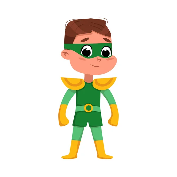 Cute Boy in Green Superhero Costume, Adorable Kid Character Standing in Superhero Pose Cartoon Style Vector Illustration — Stock Vector