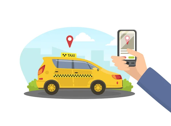 Muž Ruční držení Smartphone s veřejnou službu Taxi aplikace Vector Illustration — Stockový vektor