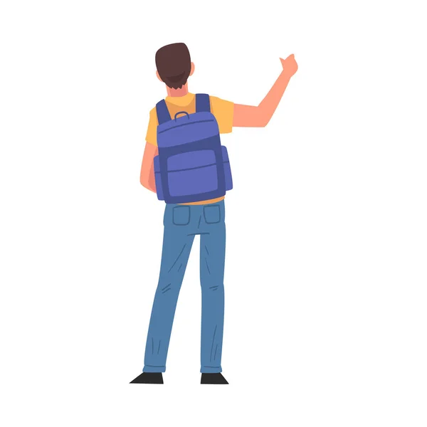 Hombre joven con mochila, Trate de detener el coche a mano, Vista desde atrás Vector Ilustración — Vector de stock