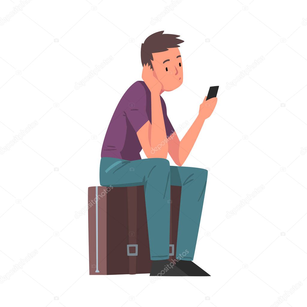 Man Sitting on Suitcase with Smartphone, Male Tourist Calling Taxi Car or Using Mobile Taxi Call Application Vector Illustration
