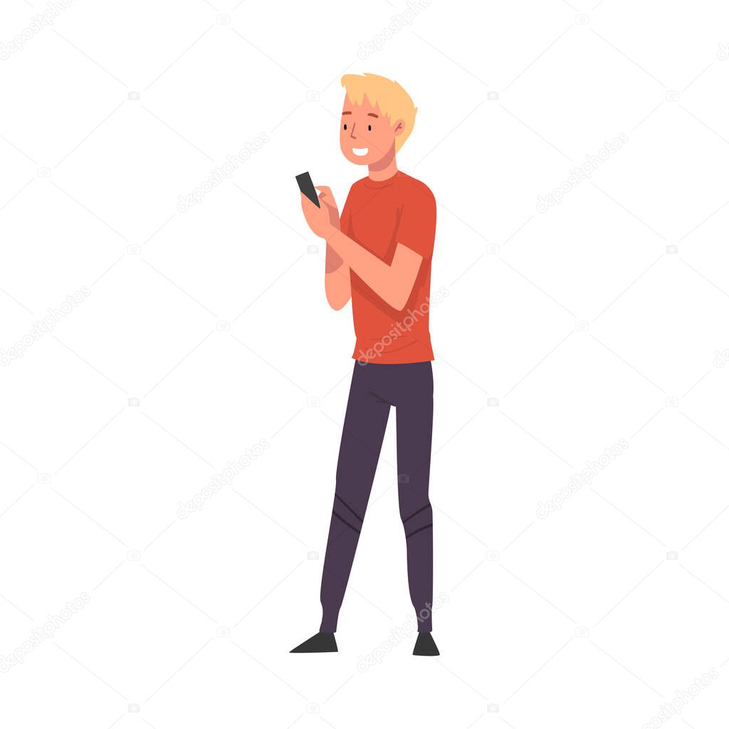 Young Smiling Man Calling Taxi Car or Using Mobile Taxi Call Application Vector Illustration