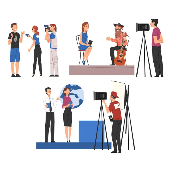 ( 영어 ) Television Industry, Journalists Taking Interview and Cameramen Shooting with Video Camera Cartoon Style Vector Illustration — 스톡 벡터