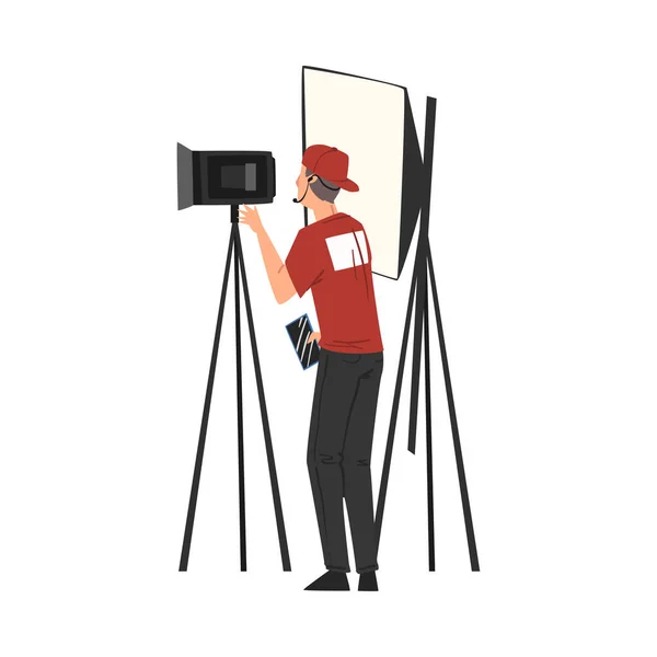 Cameraman Shooting with Professional Video Camera on Tripod, Television Industry Concept Cartoon Style Vector Illustration — 스톡 벡터