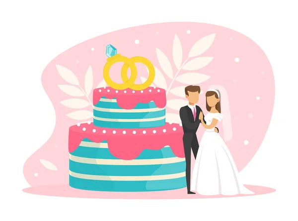 Pequeña pareja de recién casados de pie junto a la torta de boda, novia y novio personajes en su boda fiesta plana Vector Ilustración — Archivo Imágenes Vectoriales