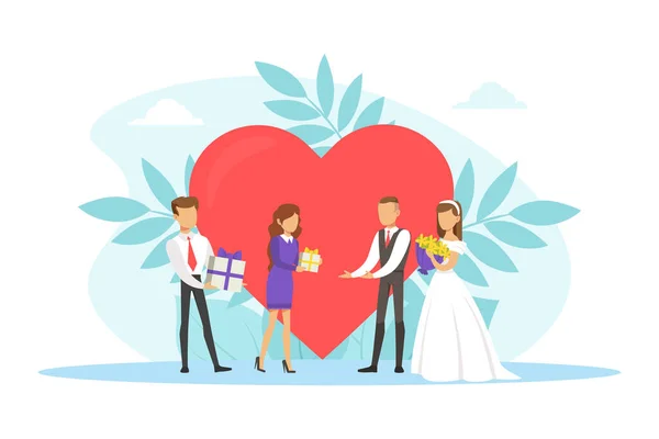 Romantic Couple of Newlyweds, Guests Giving Gifts to Just Married Bride and Croom Flat Vector Illustration — Stock Vector