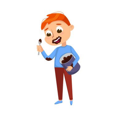 Çocuk Çikolata Yerken Kavanozdan Yüzü Kirli Çocuk Lezzetli Tatlı Yemekten Zevk Alırken Çizgi Film Modeli Resimleri