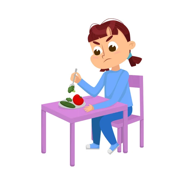 Schattig meisje zitten aan tafel en eten, kind wil geen groenten eten Cartoon Style Vector Illustratie — Stockvector