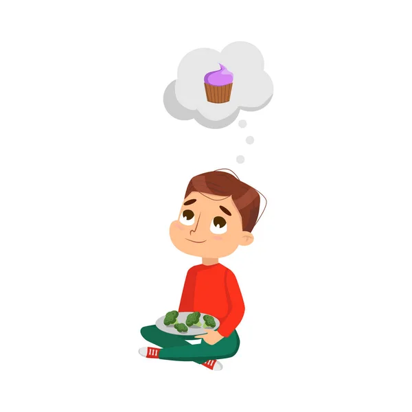 Leuke jongen eten Broccoli maar dromen over zoete dessert, Kid kiezen tussen gezonde en ongezonde voedsel cartoon stijl vector illustratie — Stockvector