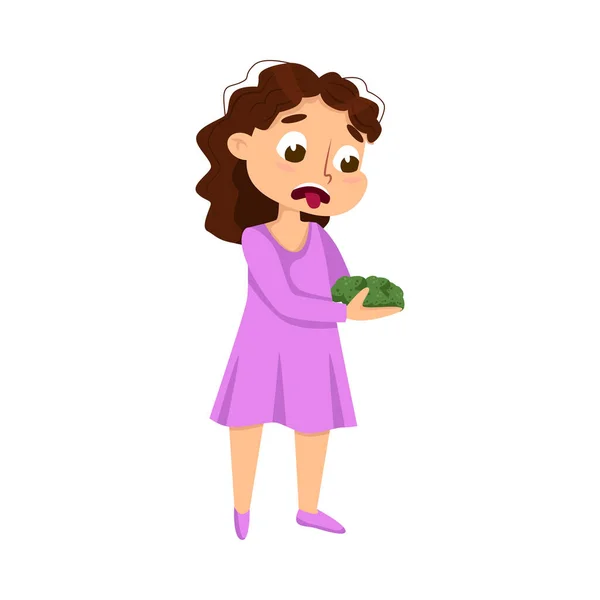 Brokoli yemeyi reddeden kız, Sebzelerden nefret eden çocuk çizgi film sunucusu illüstrasyonu — Stok Vektör