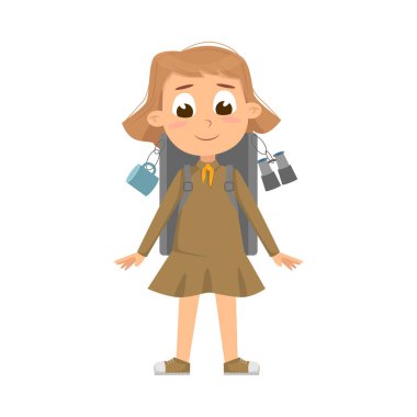 Sırt çantalı şirin izci kız, üniformalı izci çocuk karakteri, yaz tatili aktiviteleri çizgi film stili illüstrasyon kavramı