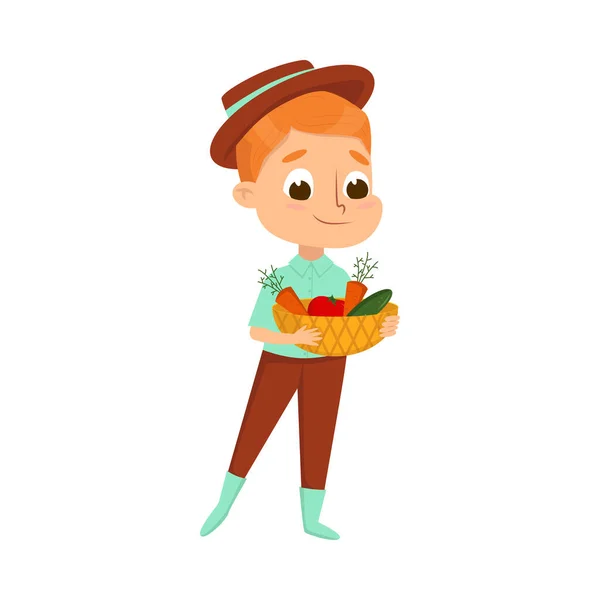 Aranyos fiú gazdaság kosár friss érett zöldségek, kisgyerek farmer karakter dolgozik kert rajzfilm stílus vektor illusztráció — Stock Vector