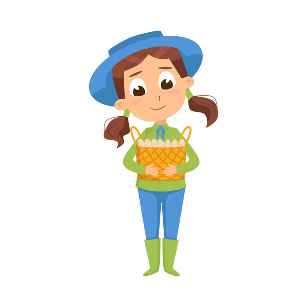 Cute Girl Holding Basket of Eggs, Little Kid Praca na rolniczym stylu wektor ilustracji — Wektor stockowy